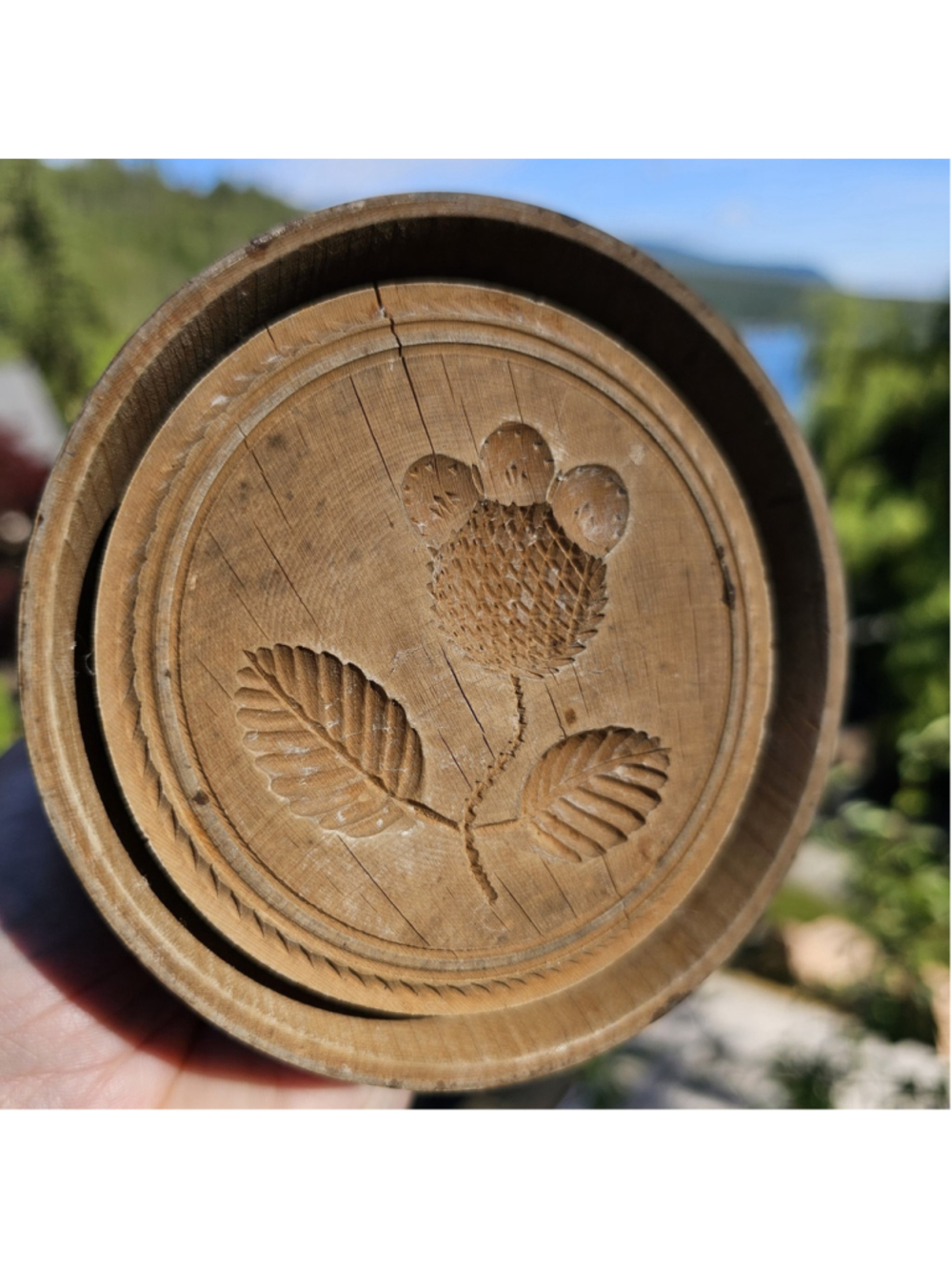 Vintage Wooden Butter Mold Press Stamp Thistle Flower Design Primitive Farmhouse